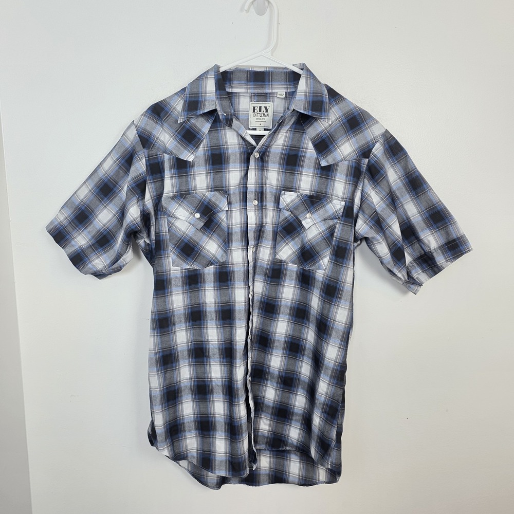 Ely Cattleman‎ White Gray Blue Plaid Pearl Button Up Western Shirt Size Medium